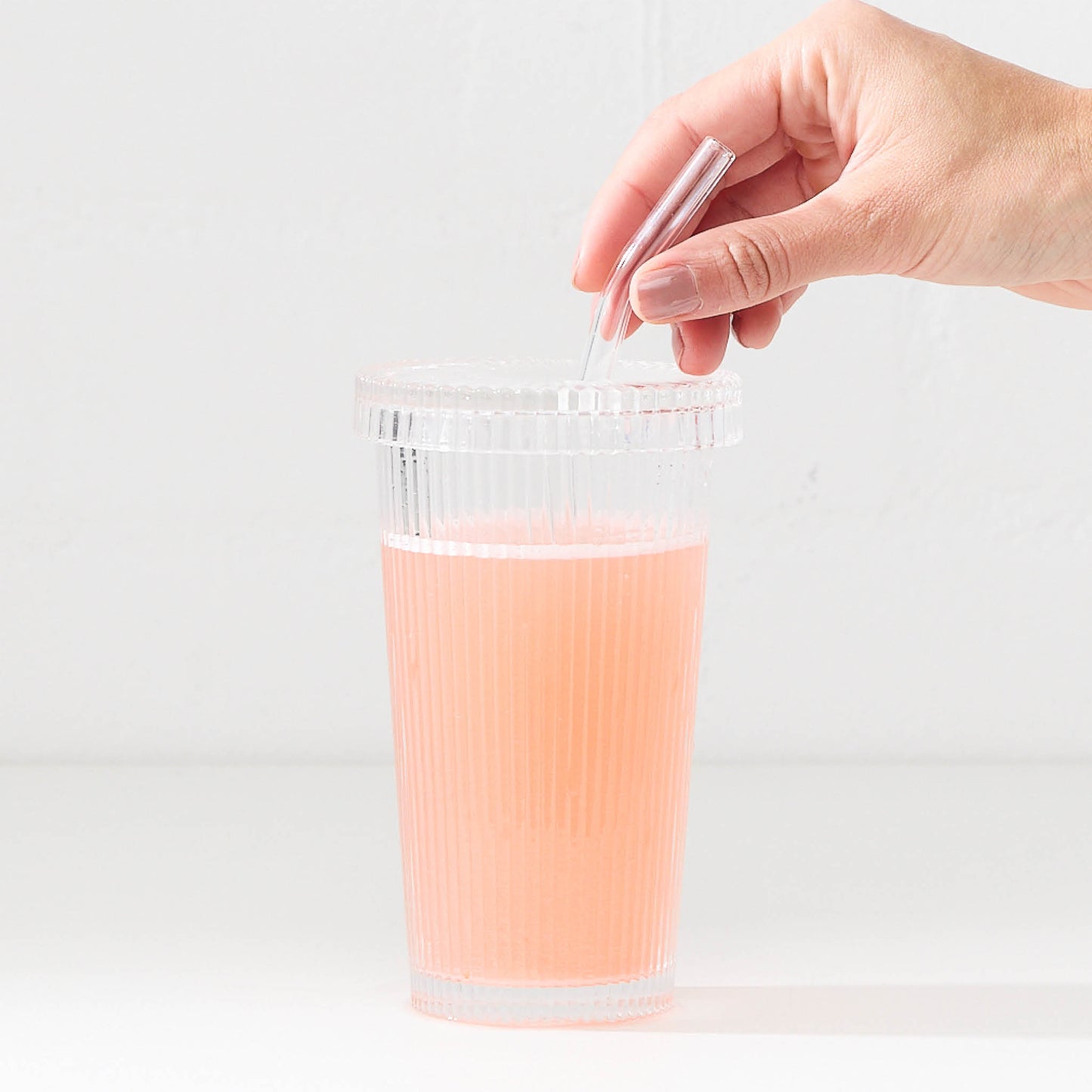 Ribbed Glass Cup with Lid and Straw