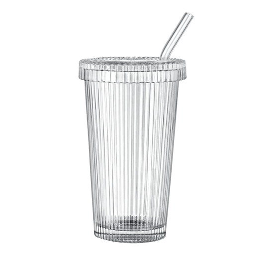 Ribbed Glass Cup with Lid and Straw