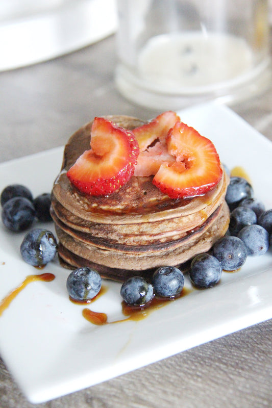 choc hazelnut pancakes with vegan vanilla flavour protein powder