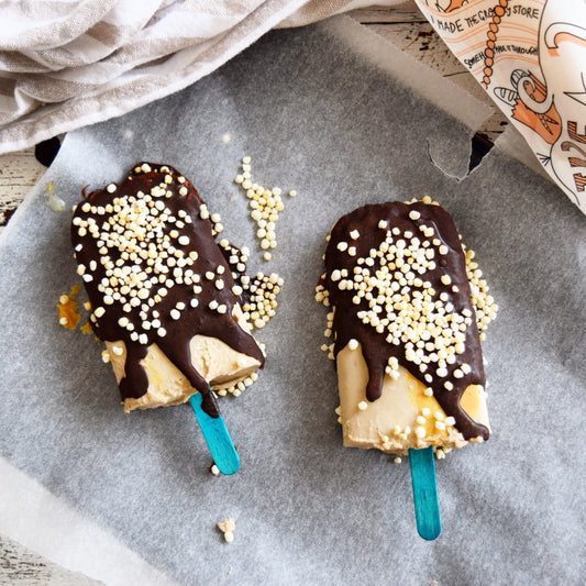 Peanut Butter, chocolate coated Pops wtih vegan vanilla flavour protein powder