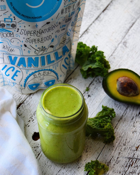 Super Green Protein Smoothie with vanilla Ice Ice Baby Whey Protein Powder