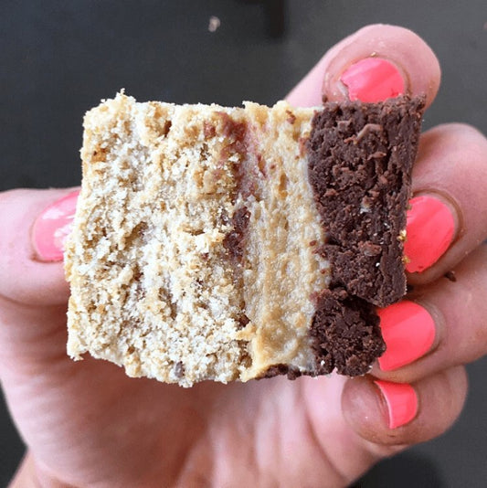 Protein Salted Caramel Slices with vanilla pea protein powder and chocolate pea protein powder