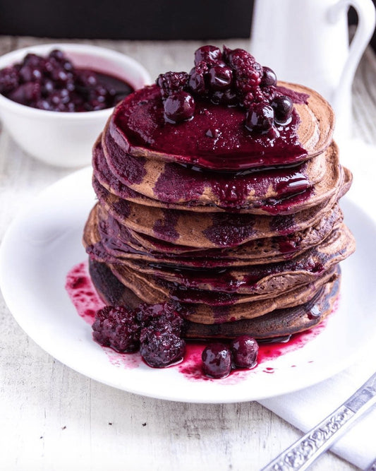 Chocolate Vegan Protein Pancakes with organic raw cacao powder