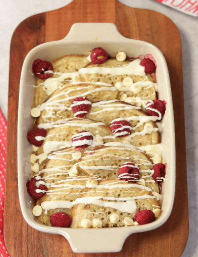 WHITE CHOC RASPBERRY CRUMPET BAKE