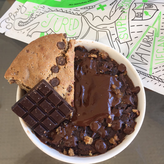 single serving brownie toped with melted chocolate