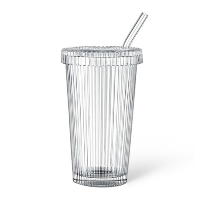 Ribbed Glass Cup with Lid and Straw