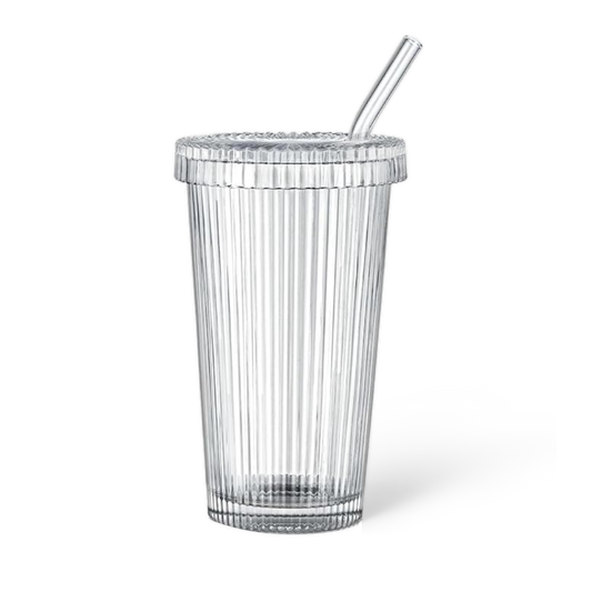 Ribbed Glass Cup with Lid and Straw