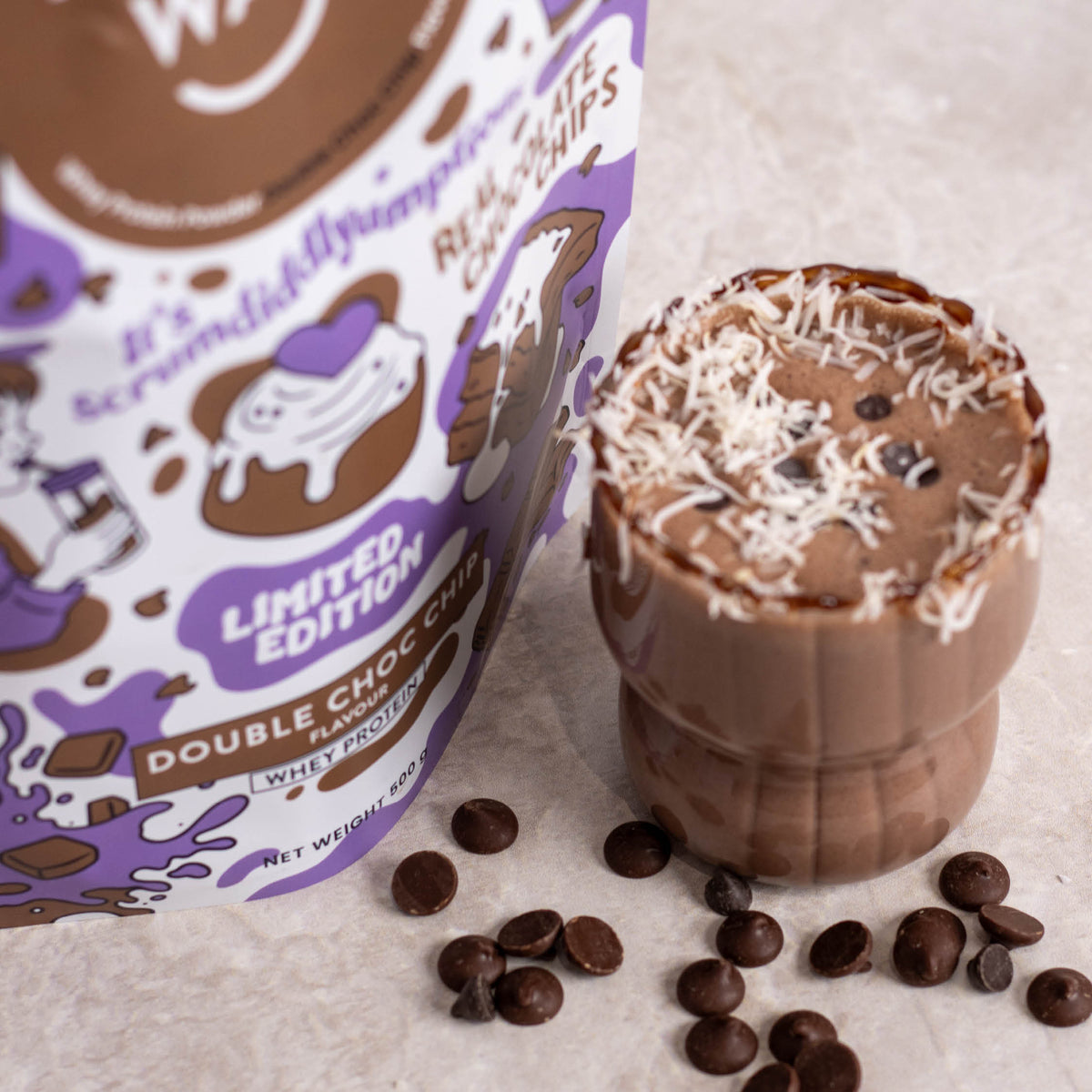 Double Choc Chip Whey Protein Powder 500g | Happy way