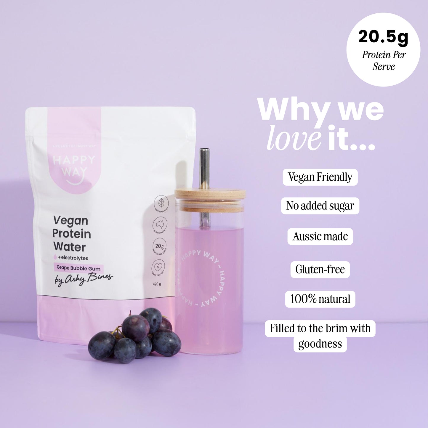 Ashy Bines Grape Bubble Gum Vegan Protein Water Powder 420g