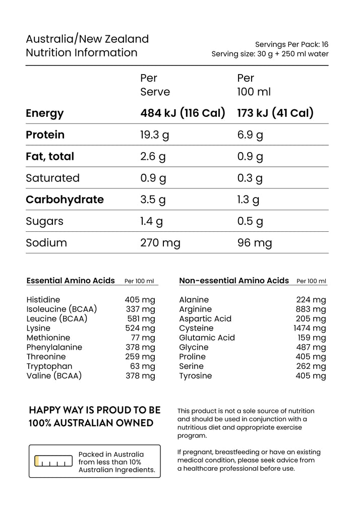 Happy Way Vegan Protein Powder Choc Banana 500g nutrition information