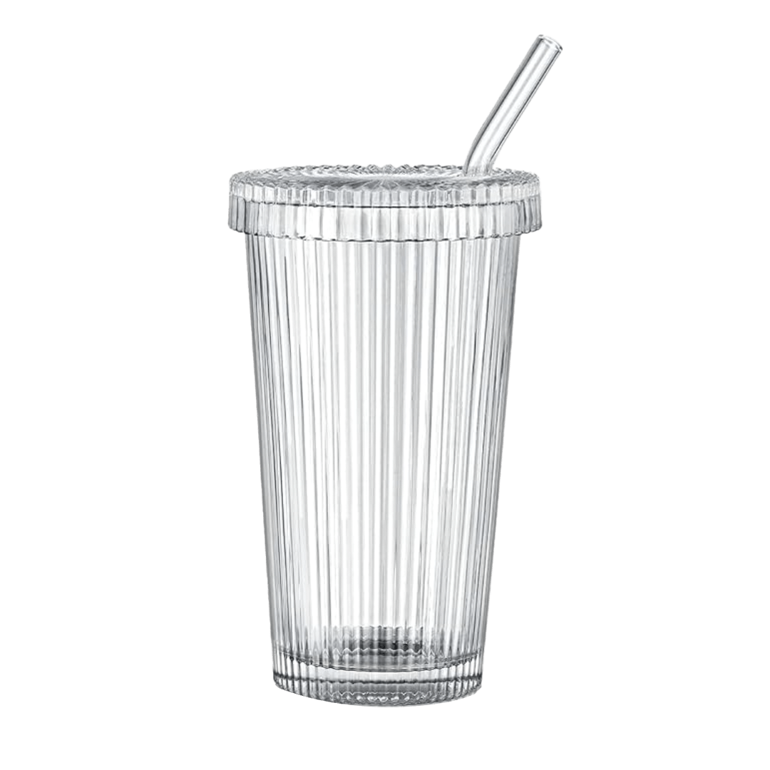 Ribbed glass cup with lid and straw