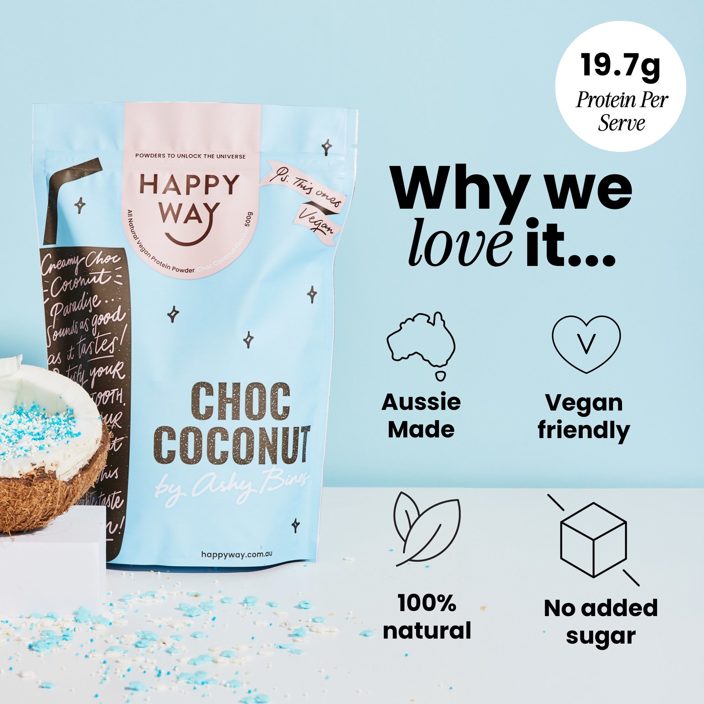 Ashy Bines Choc Coconut Vegan Protein Powder 500g | Happy Way