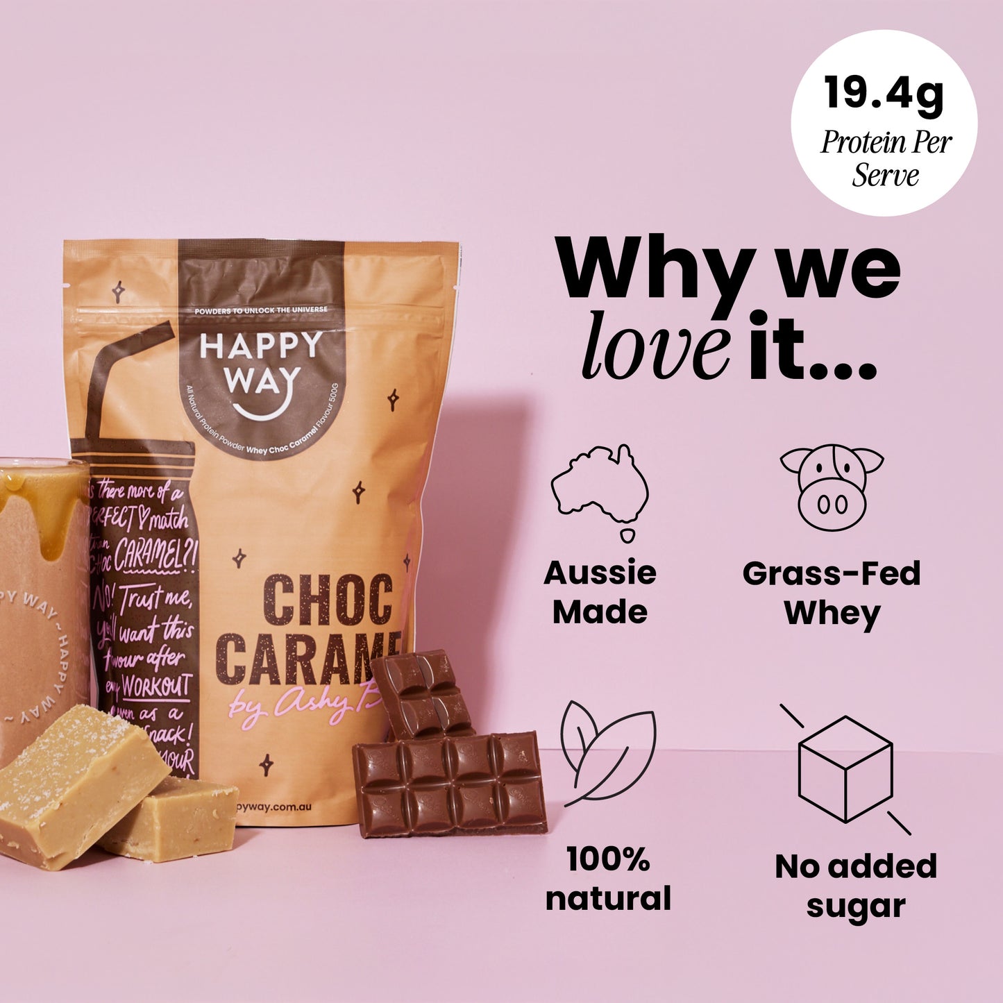 Ashy Bines Choc Caramel Whey Protein Powder 500g