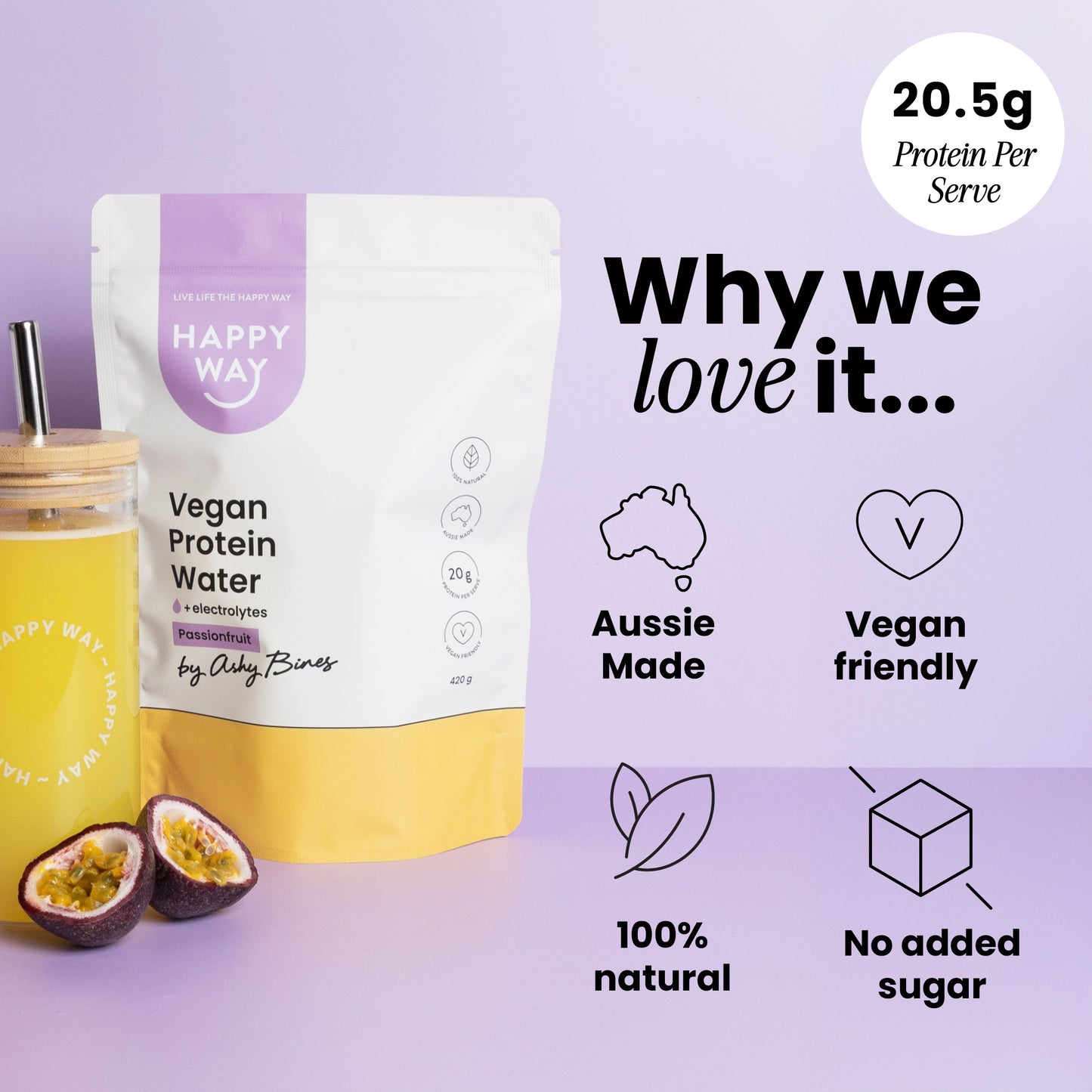 Ashy Bines Passionfruit Vegan Protein Water Powder 420g